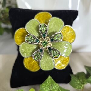 Vintage Silver Green Enamel with Crystal Stones Flower Brooch Pin